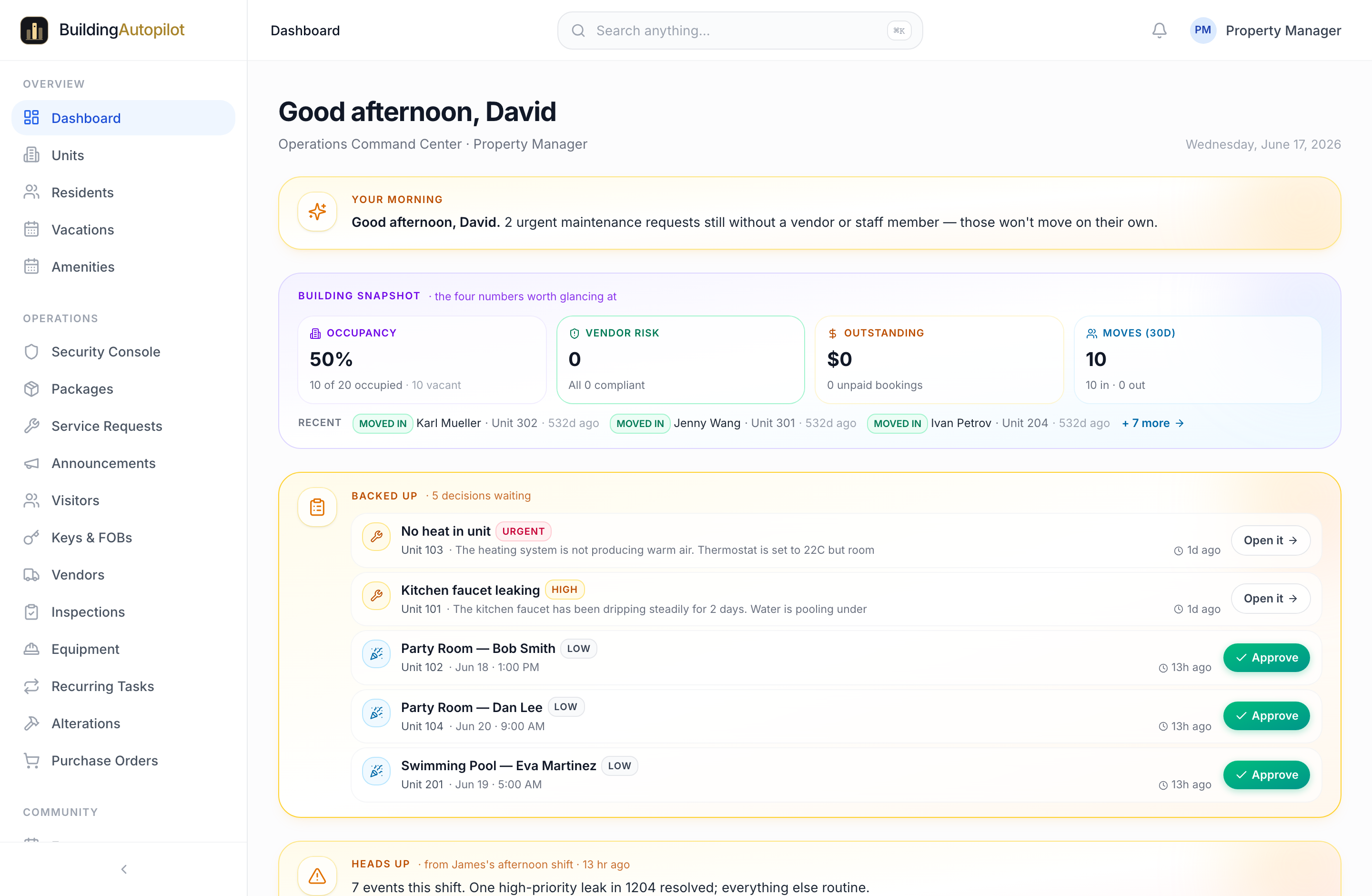 The Property manager dashboard in BuildingAutopilot — David · Property Manager