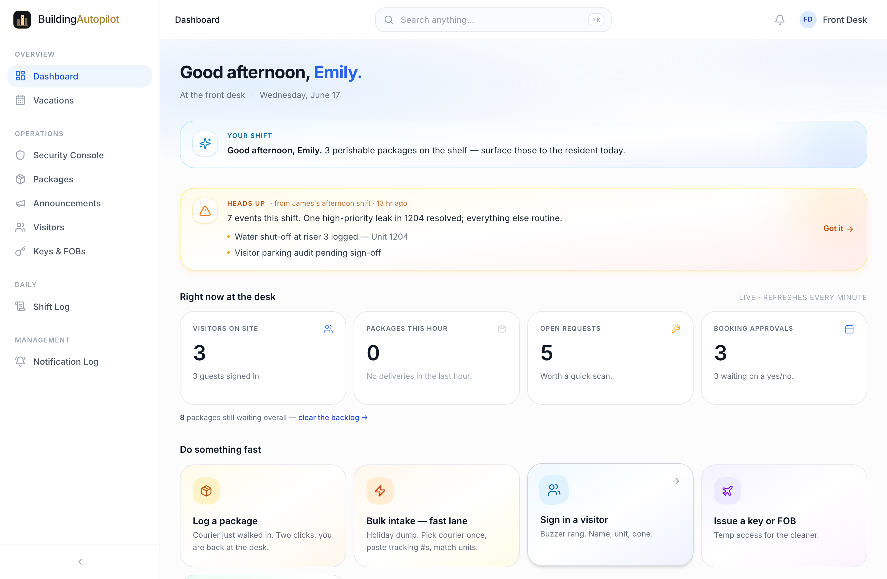 The Front desk dashboard in BuildingAutopilot — Emily · Front Desk