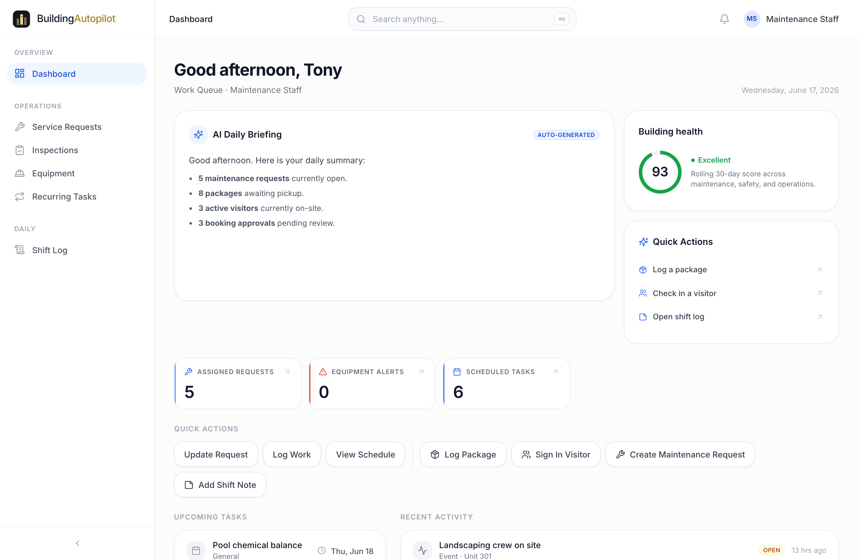 The Maintenance dashboard in BuildingAutopilot — Tony · Maintenance