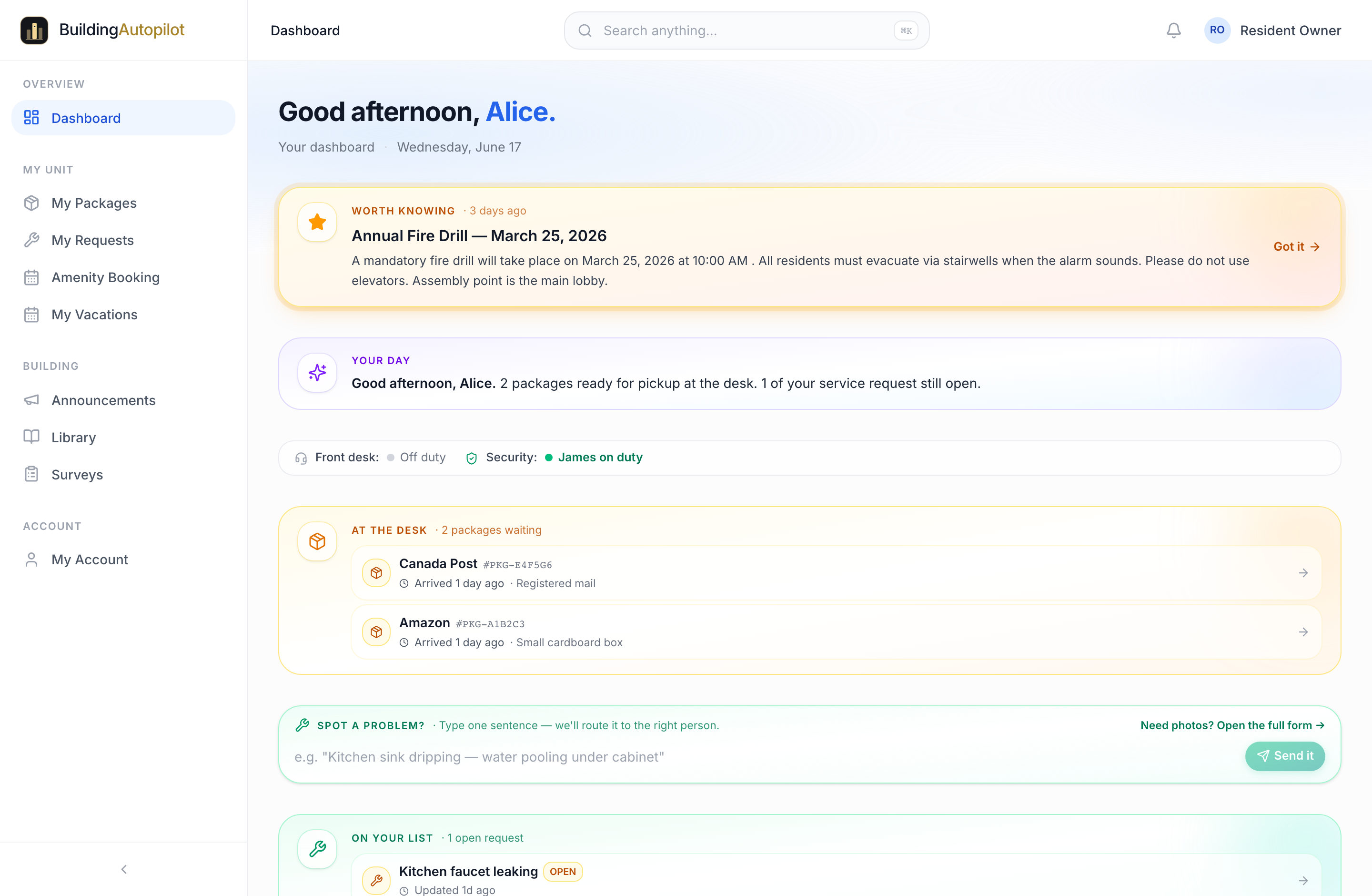 The Resident dashboard in BuildingAutopilot — Alice · Resident