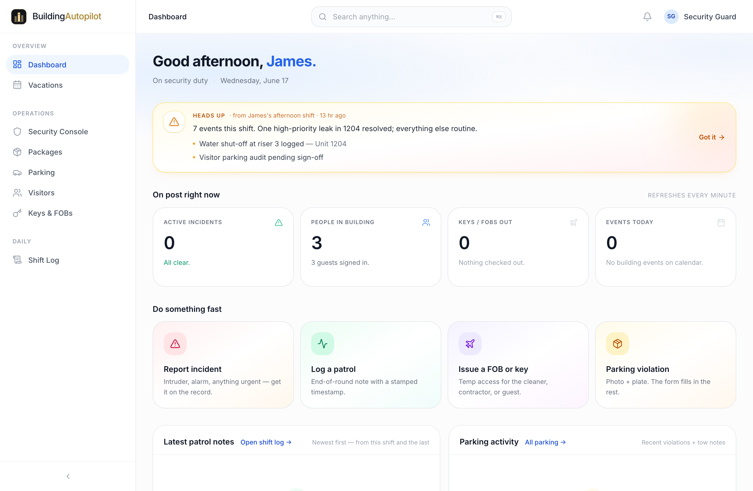 The Security dashboard in BuildingAutopilot — James · Security